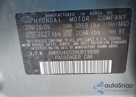 2009 Hyundai Elantra Gls from USA, damaged, VIN KMHDU46D39U819898